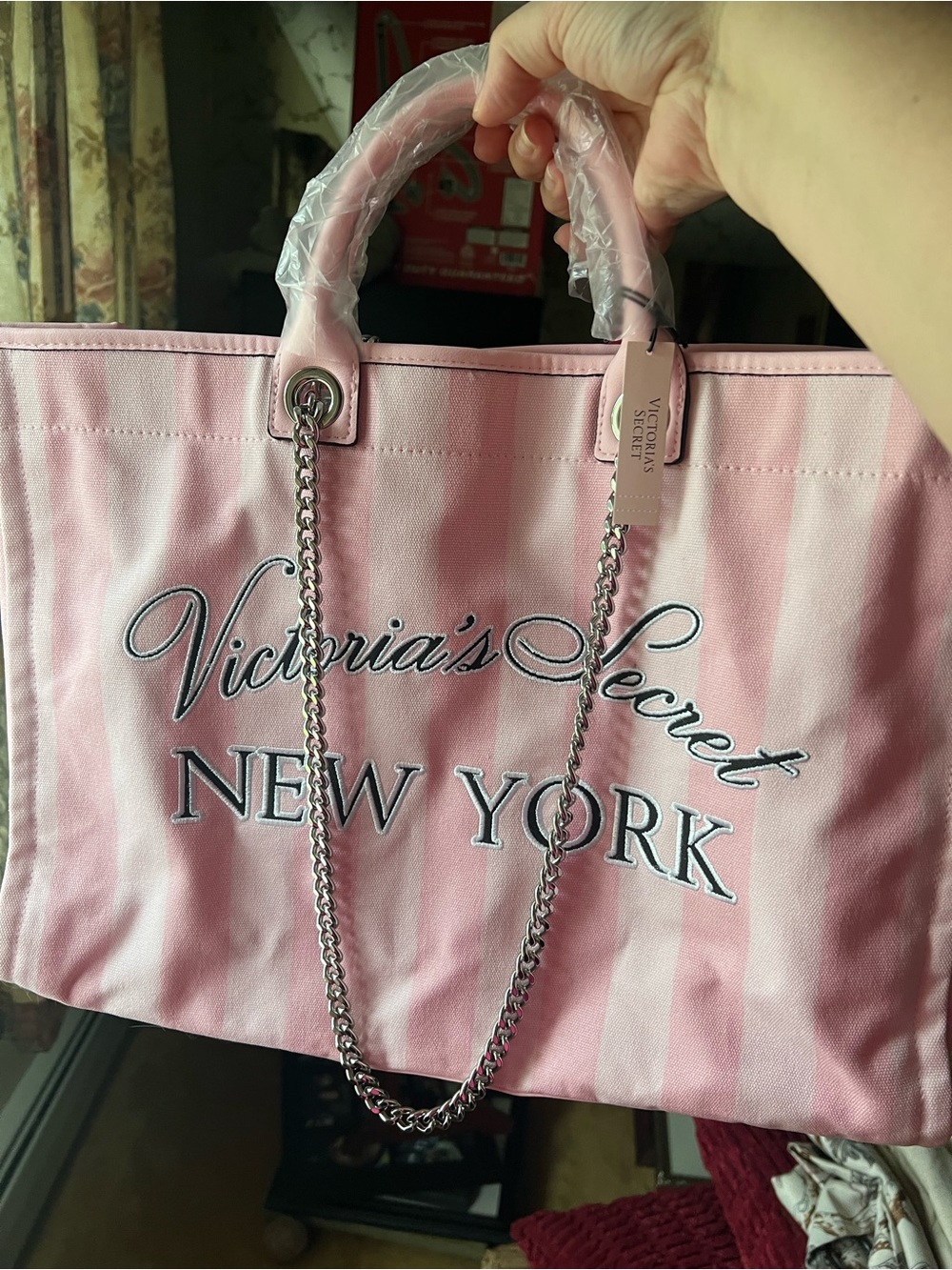 Victoria's Secret Pink Striped Tote with Chain Handles